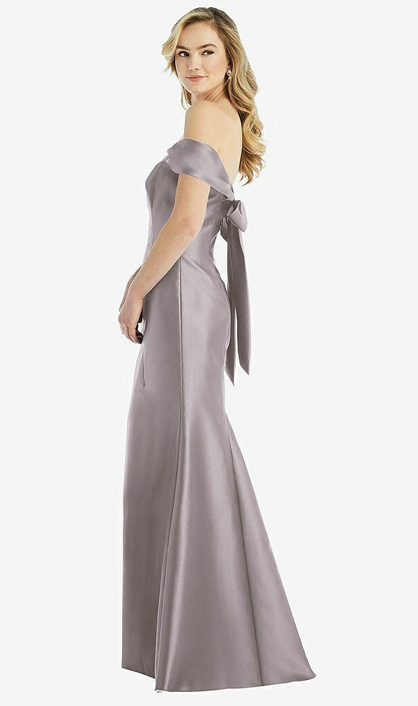 Front View - Cashmere Gray Off-the-Shoulder Bow-Back Satin Trumpet Gown