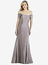 Side View Thumbnail - Cashmere Gray Off-the-Shoulder Bow-Back Satin Trumpet Gown