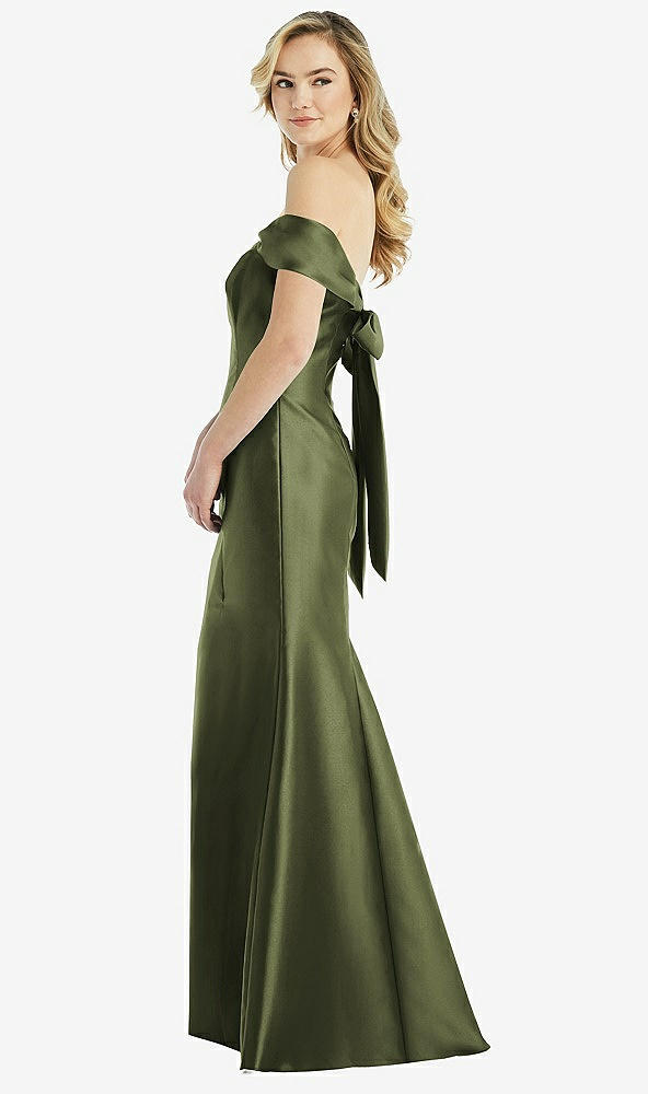 Front View - Olive Green Off-the-Shoulder Bow-Back Satin Trumpet Gown
