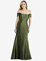 Side View Thumbnail - Olive Green Off-the-Shoulder Bow-Back Satin Trumpet Gown