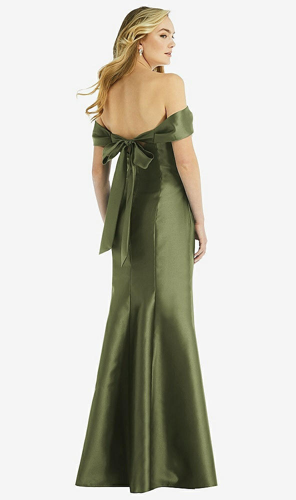 Back View - Olive Green Off-the-Shoulder Bow-Back Satin Trumpet Gown