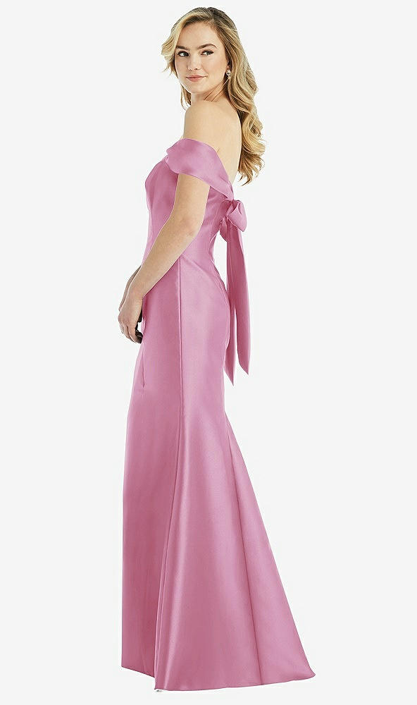 Front View - Powder Pink Off-the-Shoulder Bow-Back Satin Trumpet Gown