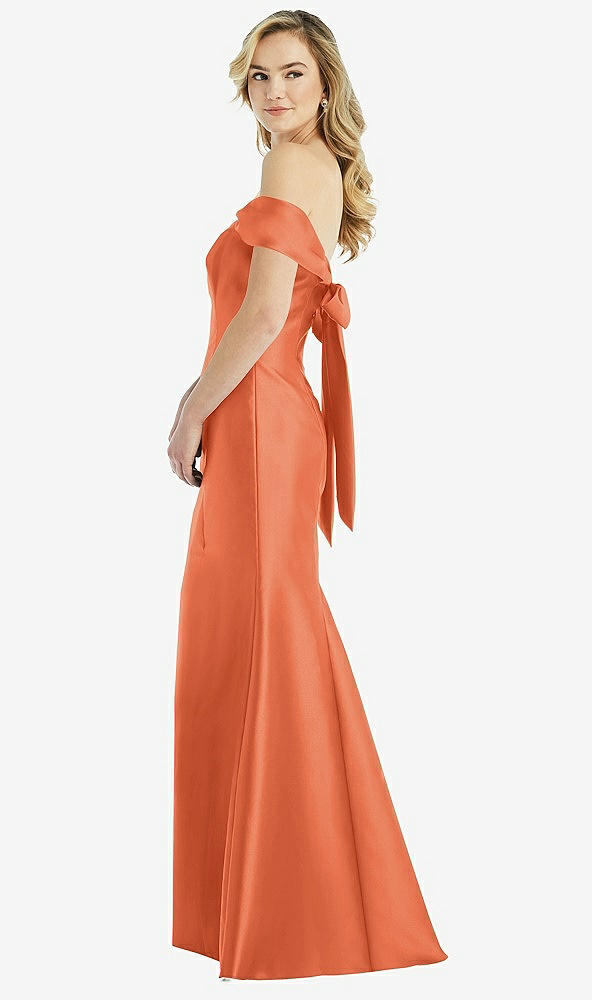 Front View - Portofino Orange Off-the-Shoulder Bow-Back Satin Trumpet Gown