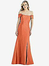 Side View Thumbnail - Portofino Orange Off-the-Shoulder Bow-Back Satin Trumpet Gown