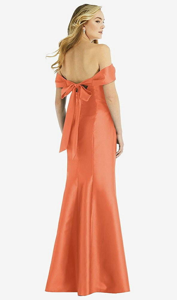 Back View - Portofino Orange Off-the-Shoulder Bow-Back Satin Trumpet Gown
