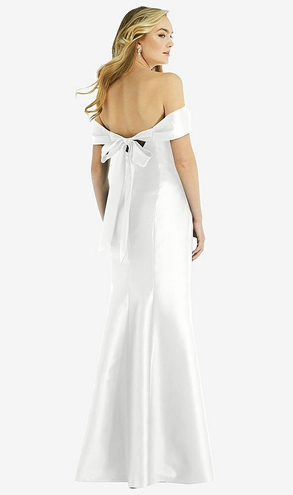 Back View - White Off-the-Shoulder Bow-Back Satin Trumpet Gown