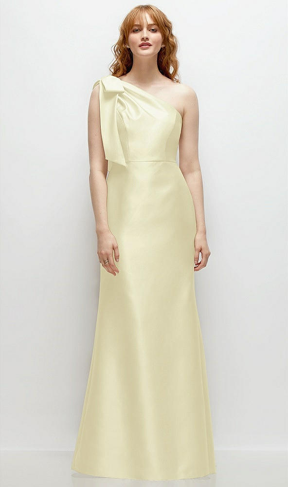Front View - Butter Yellow Bow One-Shoulder Satin Trumpet Gown
