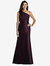 Alt View 1 Thumbnail - Deep Plum Bow One-Shoulder Satin Trumpet Gown