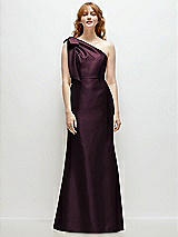 Front View Thumbnail - Deep Plum Bow One-Shoulder Satin Trumpet Gown