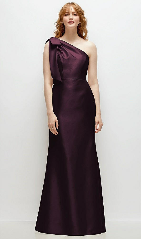 Front View - Deep Plum Bow One-Shoulder Satin Trumpet Gown