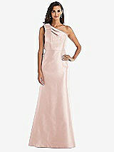 Alt View 1 Thumbnail - Blush Bow One-Shoulder Satin Trumpet Gown