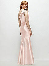 Side View Thumbnail - Blush Bow One-Shoulder Satin Trumpet Gown