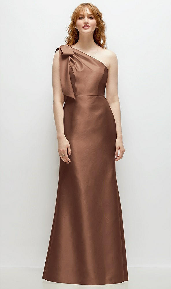 Front View - Cognac Bow One-Shoulder Satin Trumpet Gown