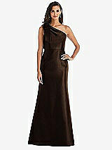 Alt View 1 Thumbnail - Espresso Bow One-Shoulder Satin Trumpet Gown