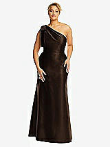 Alt View 4 Thumbnail - Espresso Bow One-Shoulder Satin Trumpet Gown