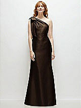 Front View Thumbnail - Espresso Bow One-Shoulder Satin Trumpet Gown