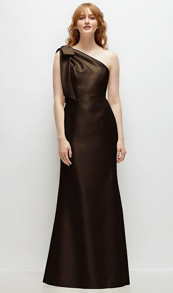Front View - Espresso Bow One-Shoulder Satin Trumpet Gown