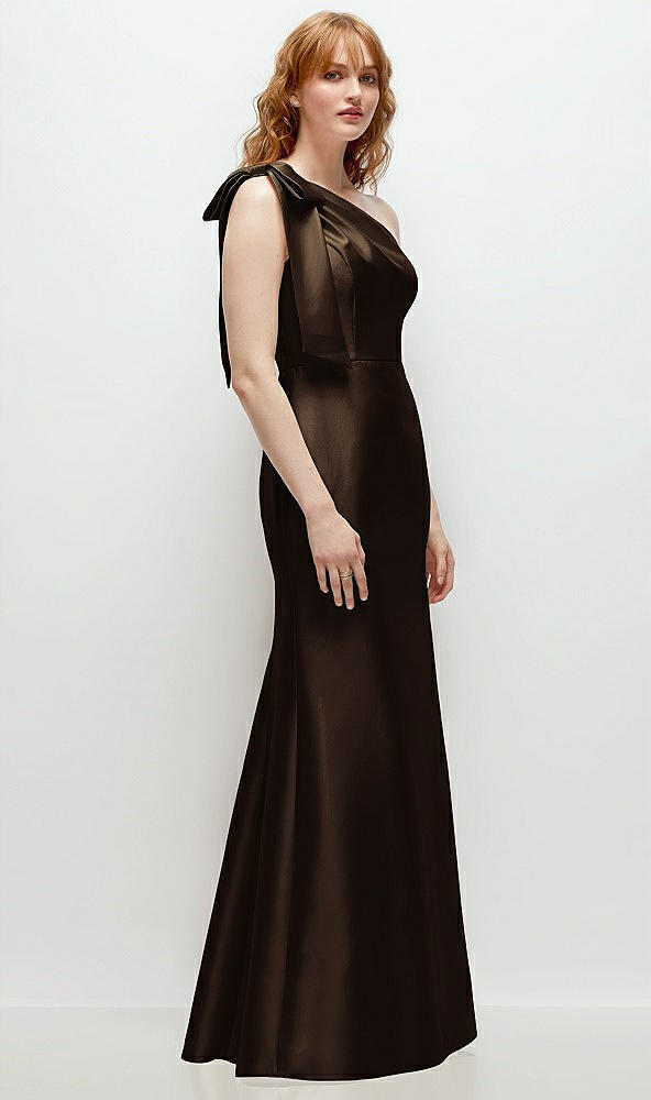 Back View - Espresso Bow One-Shoulder Satin Trumpet Gown
