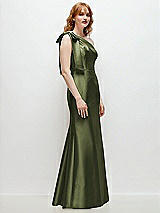 Rear View Thumbnail - Olive Green Bow One-Shoulder Satin Trumpet Gown