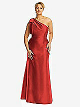 Alt View 4 Thumbnail - Poppy Red Bow One-Shoulder Satin Trumpet Gown