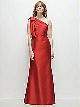 Front View Thumbnail - Poppy Red Bow One-Shoulder Satin Trumpet Gown