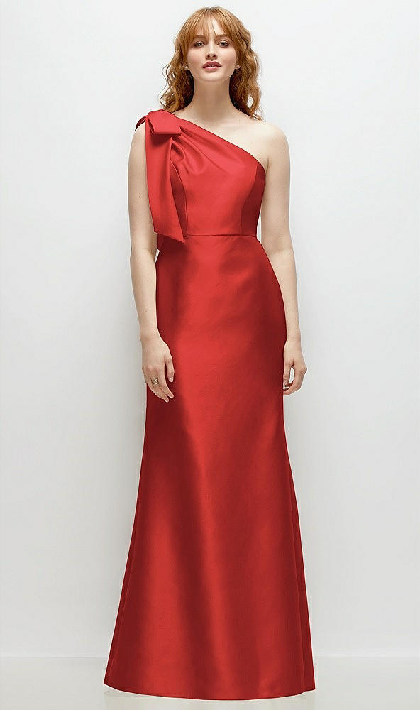 Front View - Poppy Red Bow One-Shoulder Satin Trumpet Gown