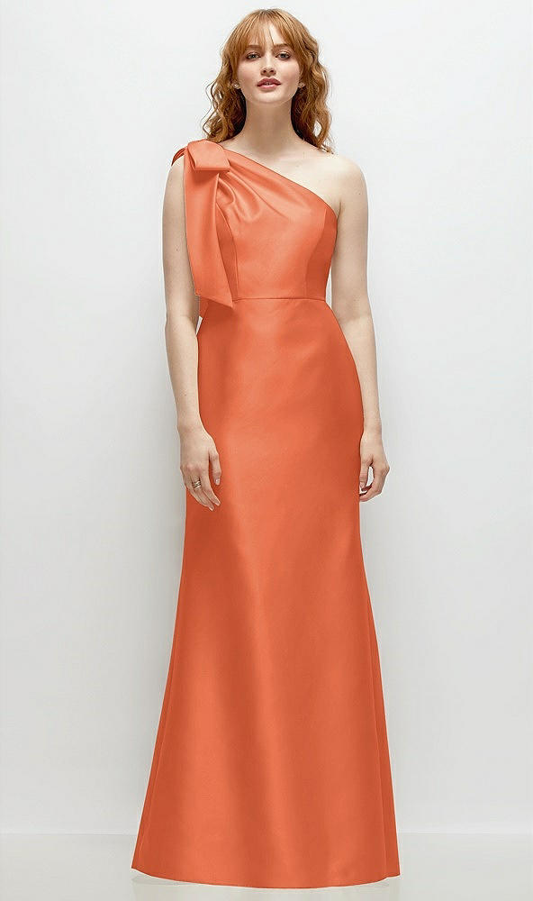 Front View - Portofino Orange Bow One-Shoulder Satin Trumpet Gown