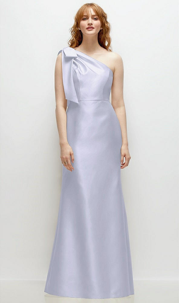 Front View - Silver Dove Bow One-Shoulder Satin Trumpet Gown