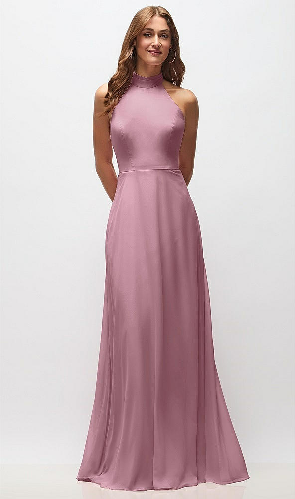 Front View - Dusty Pink High Neck Halter Backless Maxi Dress