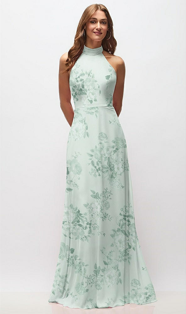Front View - Mint Green Floral High Neck Halter Backless Maxi Dress