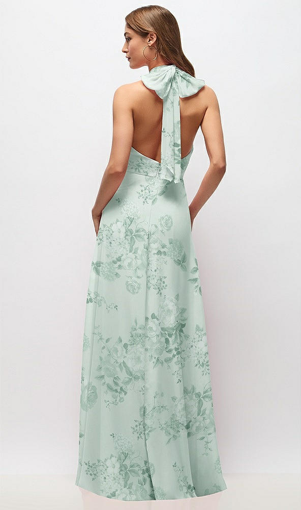 Back View - Mint Green Floral High Neck Halter Backless Maxi Dress