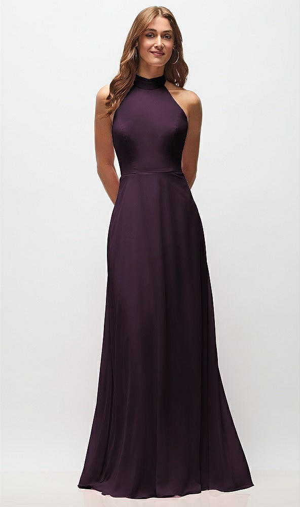 Front View - Aubergine High Neck Halter Backless Maxi Dress