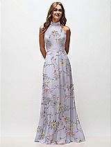 Front View Thumbnail - Butterfly Botanica Silver Dove High Neck Halter Backless Maxi Dress