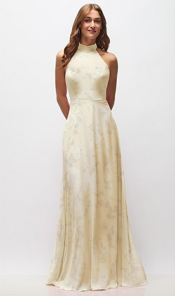 Front View - Butter Yellow Floral High Neck Halter Backless Maxi Dress