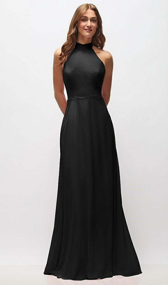 Front View - Black High Neck Halter Backless Maxi Dress