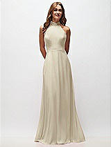 Front View Thumbnail - Champagne High Neck Halter Backless Maxi Dress