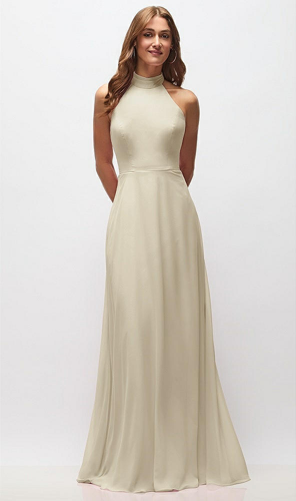 Front View - Champagne High Neck Halter Backless Maxi Dress