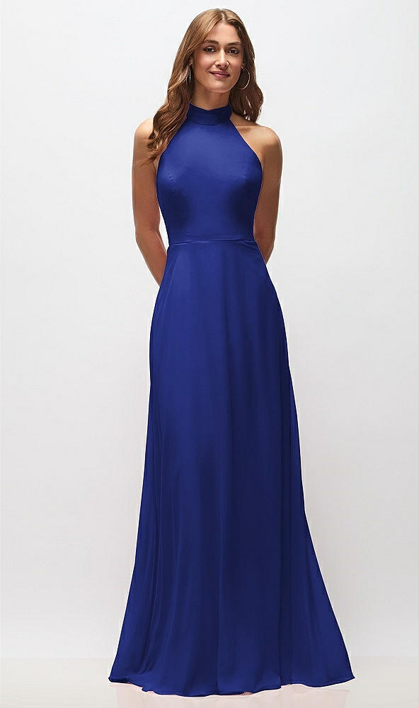 Front View - Cobalt Blue High Neck Halter Backless Maxi Dress