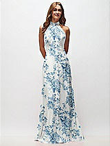Front View Thumbnail - Cottage Rose Dusk Blue High Neck Halter Backless Maxi Dress