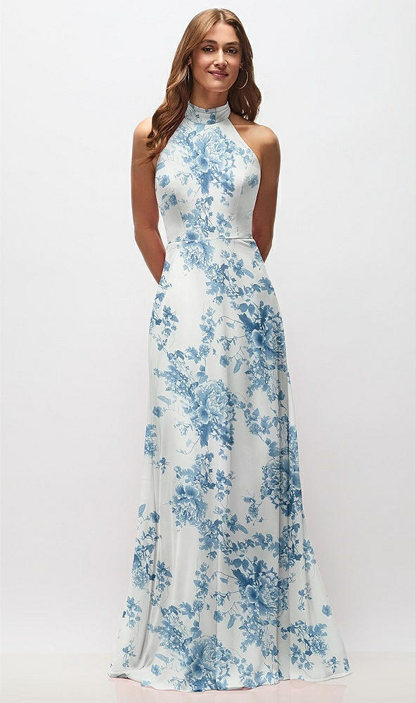 Front View - Cottage Rose Dusk Blue High Neck Halter Backless Maxi Dress