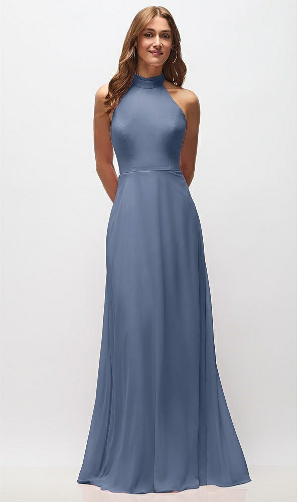 Front View - Larkspur Blue High Neck Halter Backless Maxi Dress