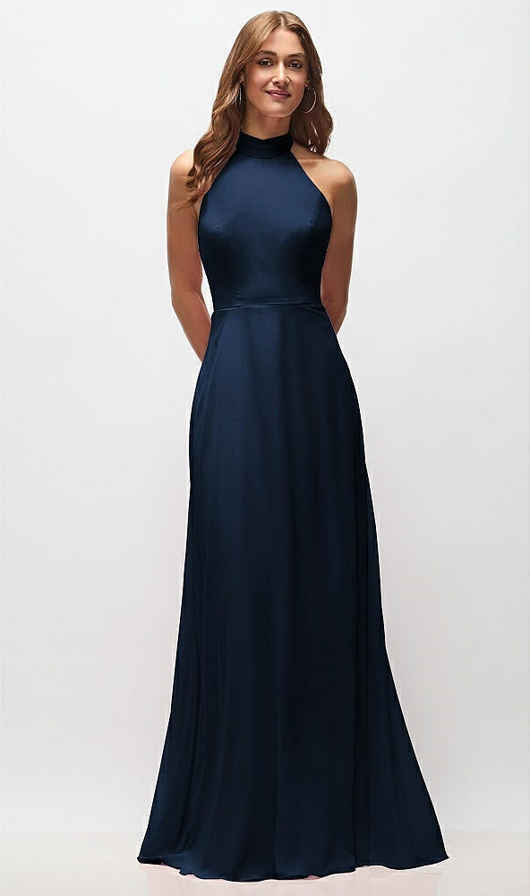 Front View - Midnight Navy High Neck Halter Backless Maxi Dress