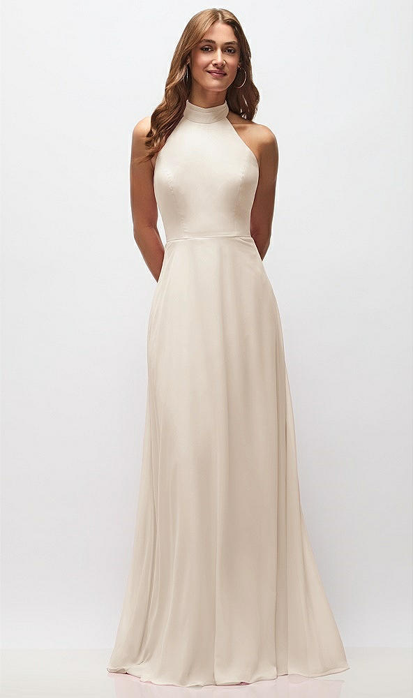 Front View - Oat High Neck Halter Backless Maxi Dress