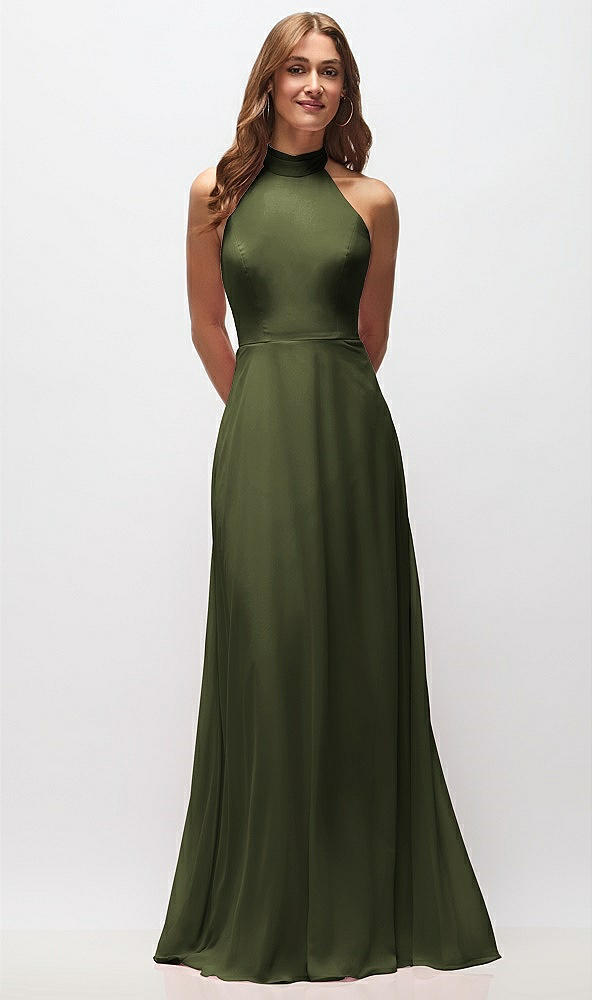 Front View - Olive Green High Neck Halter Backless Maxi Dress