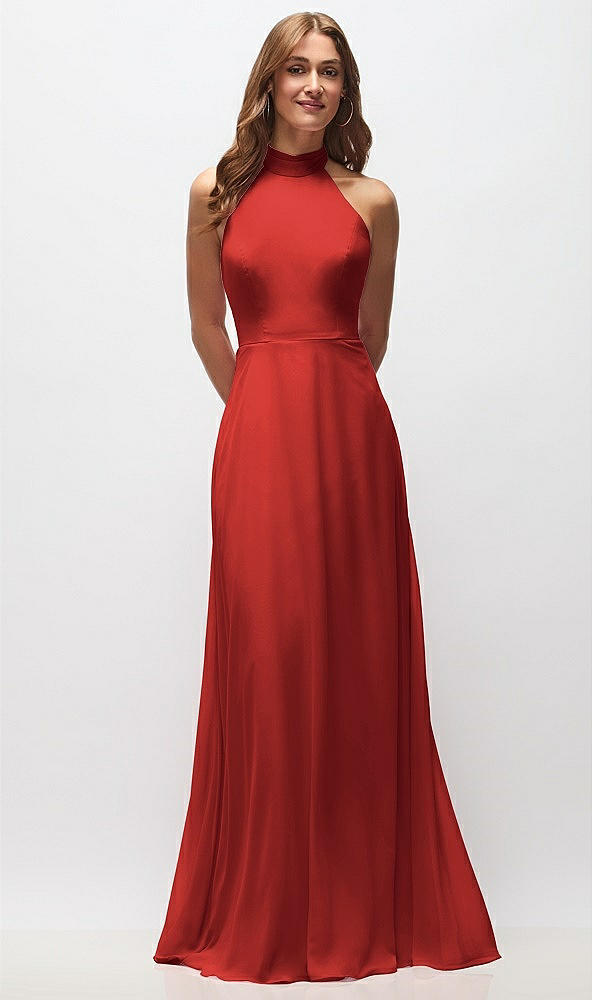 Front View - Poppy Red High Neck Halter Backless Maxi Dress