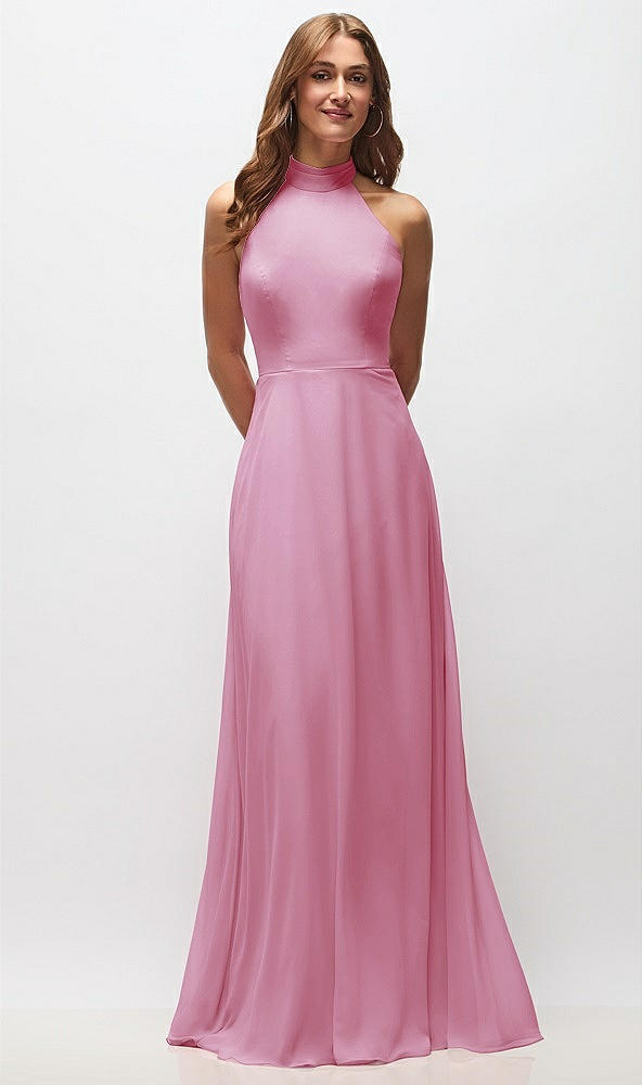 Front View - Powder Pink High Neck Halter Backless Maxi Dress