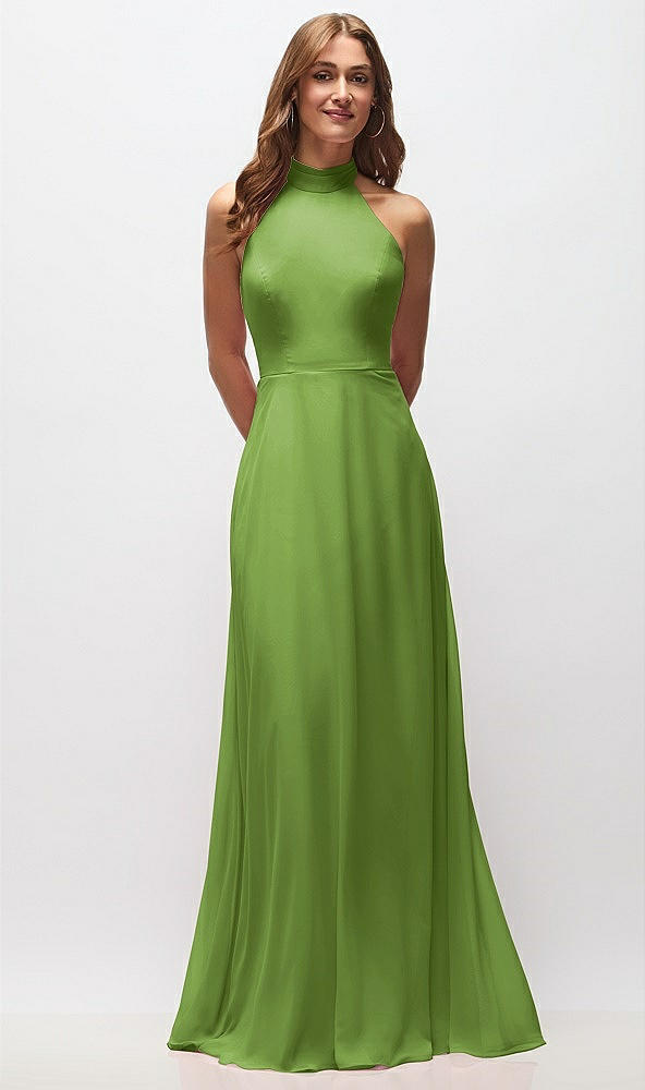 Front View - Peridot Green High Neck Halter Backless Maxi Dress