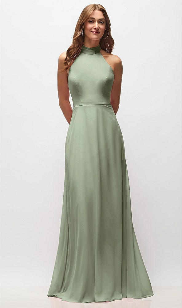 Front View - Sage High Neck Halter Backless Maxi Dress