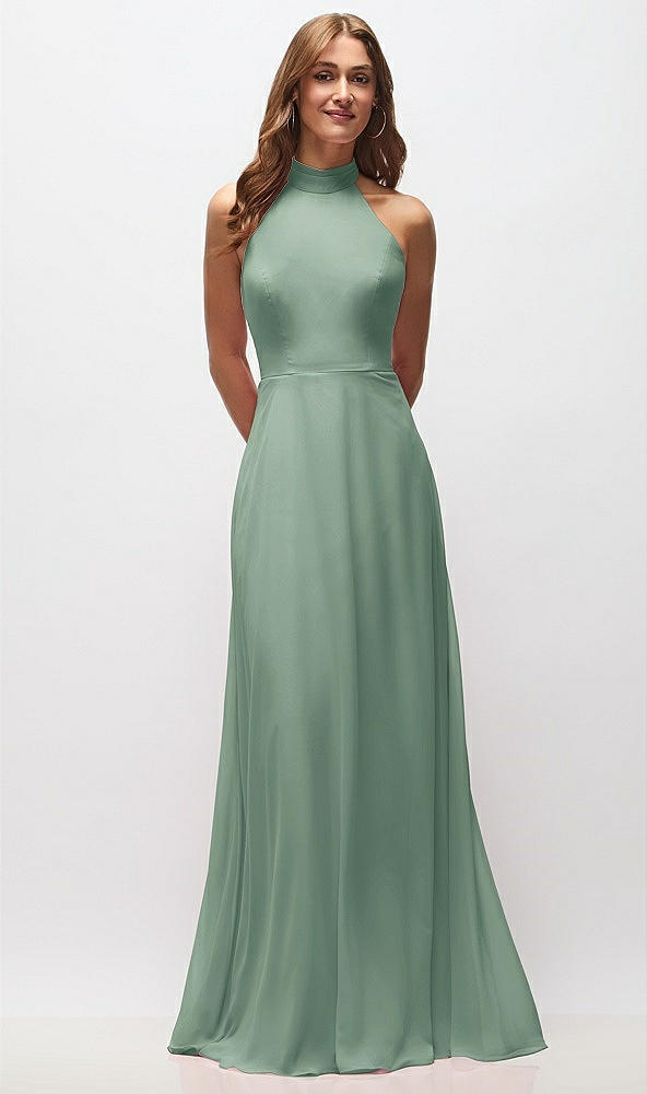 Front View - Seagrass High Neck Halter Backless Maxi Dress