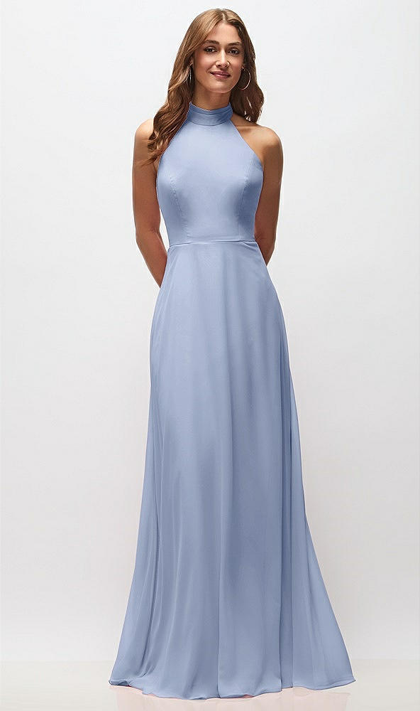 Front View - Sky Blue High Neck Halter Backless Maxi Dress
